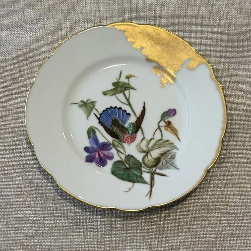 Antique H & Co Limoges Hand Painted Hummingbird Blue Green 7 3/4” Gold Edge
